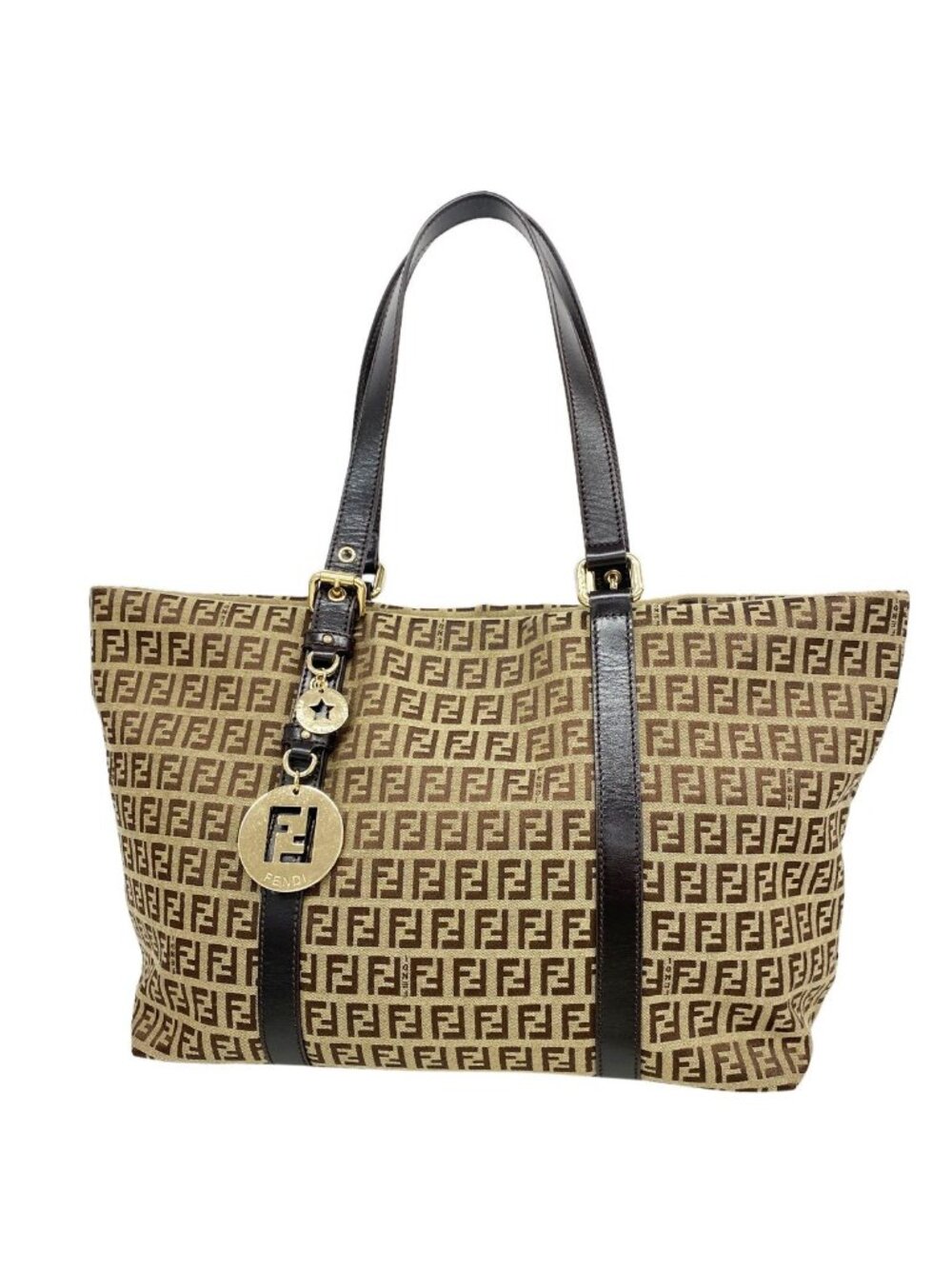 Fendi Tote Bag Zucchino Nylon Canvas Brown Champagne Gold